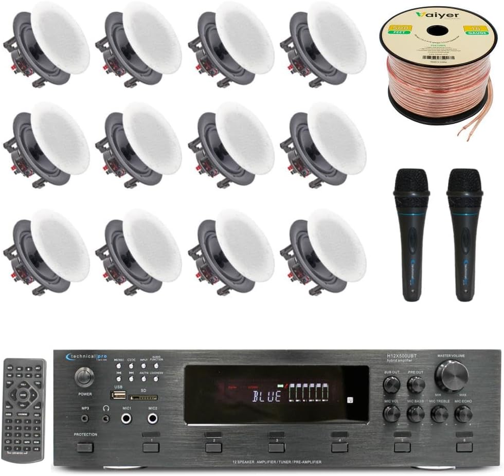 Home Audio System Kit - 6 Channel 6000 W Bluetooth Amplifier w/ 12 Qty of 5.25" Frameless in-Wall in-Ceiling Speakers 175 W Each, 2 Qty of Wired Mic, 500 ft Speaker Wire & Remote by Technical Pro