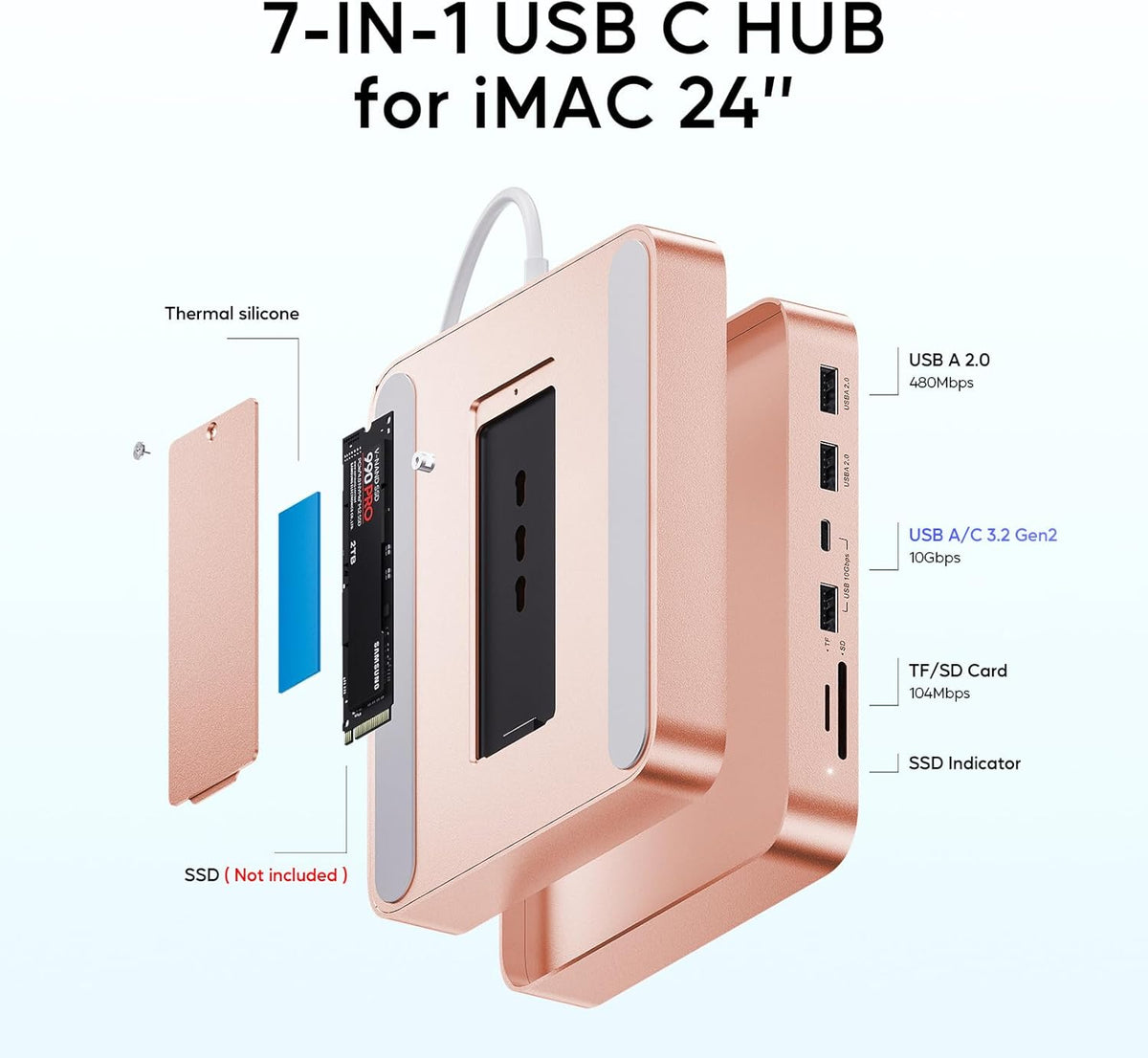 USB C HUB for iMac 24 inch 2021/2023/2024, USB Hub Adapter iMac Accessories for iMac M1/M3/M4 with USB C 10Gbps 3*USB A SD/TF, Docking Station Support Expand M.2 SSD (Not Included), Orange