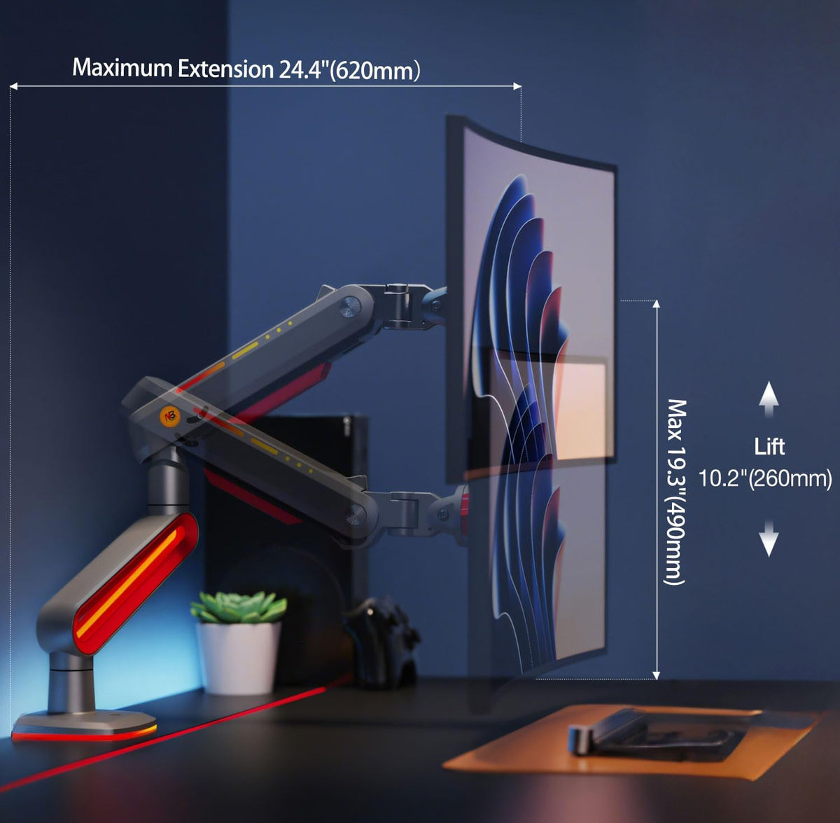 RGB Gaming Monitor-arm for Flat/Ultrawide/Curved Monitors 32 to 60 inch, Heavy Duty Stand Load up to 20 kg, VESA 75/100 mm Monitor-Mount L60