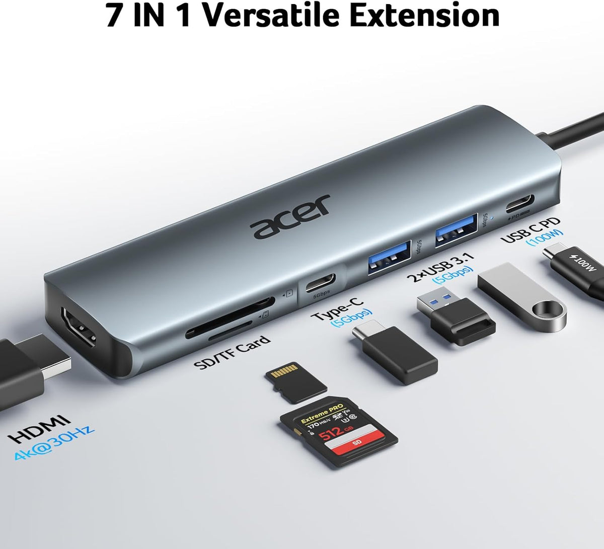 Acer USB C Hub, 7 in 1 USB C to Multi-Port Adapter for Laptop, 4K USBC to HDMI Splitter with 2 USBA 3.1&Type-C Data Port, PD 100W Charging Port, SD Card Reader for Computer, Desktop and More