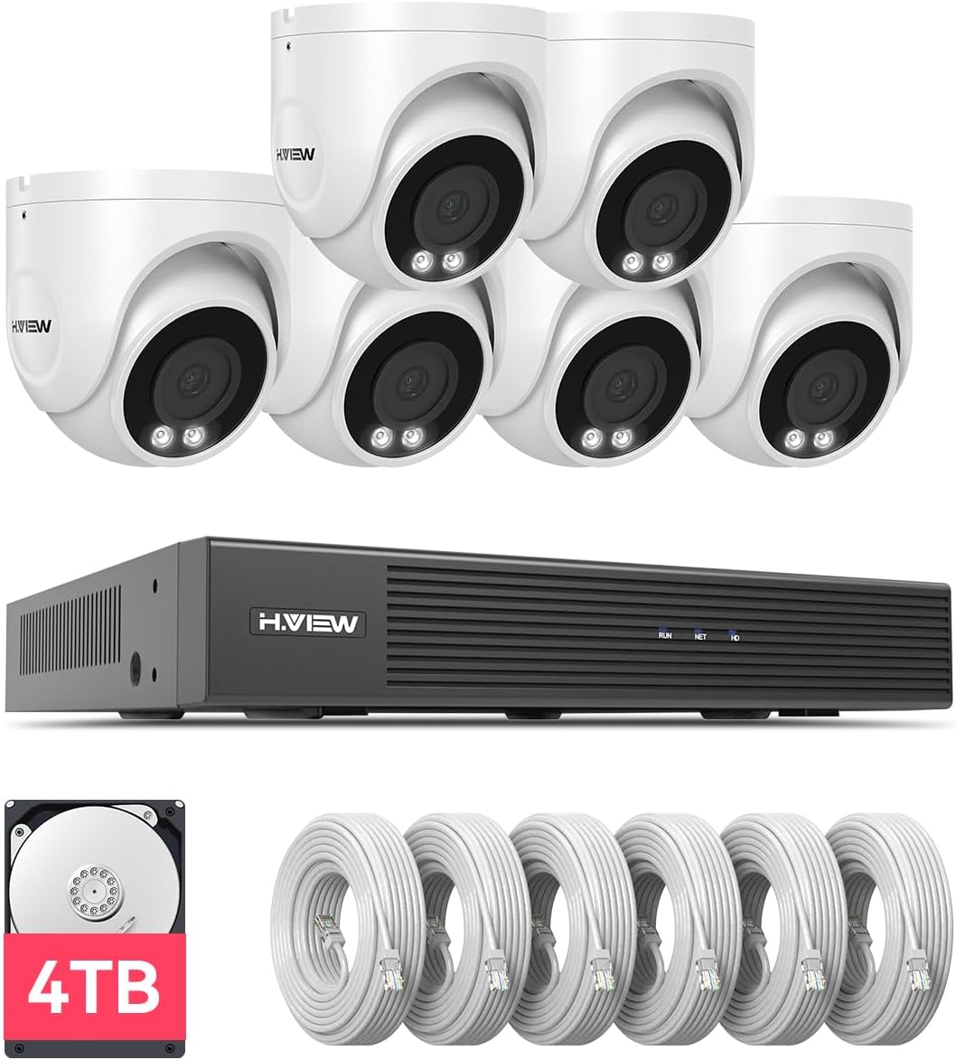 H.VIEW 4K/8.0 Megapixel PoE Outdoor Home Security Camera System Wired Outdoor Video Surveillance IP Cameras System，Ultra Wide-Angle &Audio，8CH NVR 4TB HDD