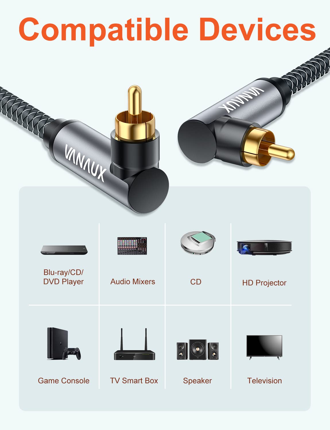 90 Bar,PS4 90, 26ft/8m) VANAUX Degree RCA Cable,Right Angle Subwoofer Cable,Digital Coaxial Audio Cord,Nylon