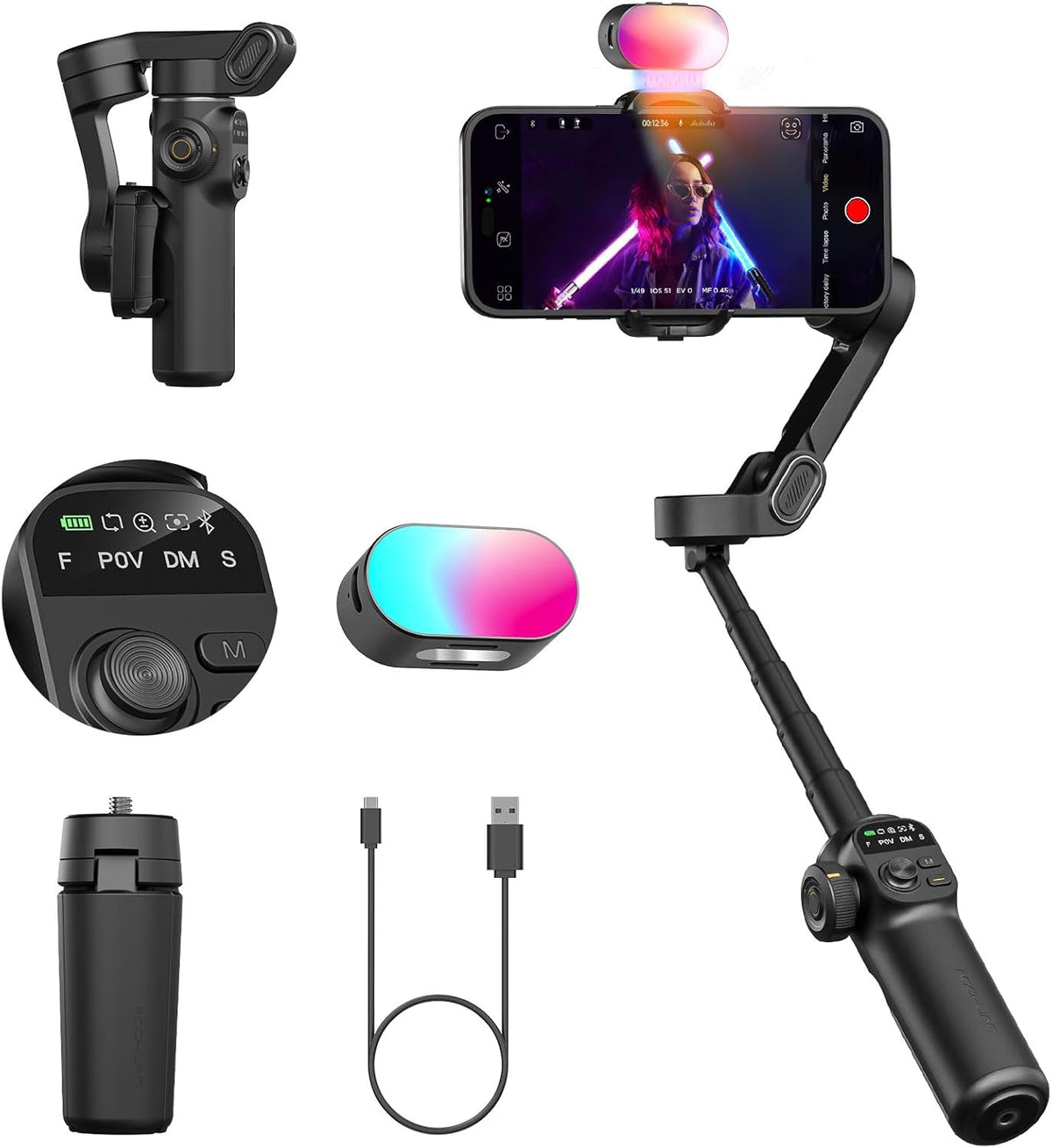 Smart X2 Smartphone Gimbal Stabilizer with 360°Rotation,OLED Display,Built-in 20cm Extension Rod Selfie Stick,Adjustable 7-Color RGB Fill Light, Ideal for Night Video Shoots,X2 KIT Black