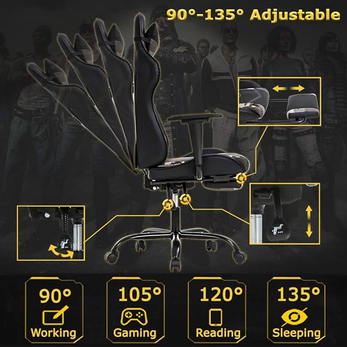 Gaming Chair Video Game Chair with Lumbar Support and Footrest Height Adjustable Ergonomic Computer Gaming Chair with 360° Swivel Seat and Headrest and for Office or Gaming (Camo)