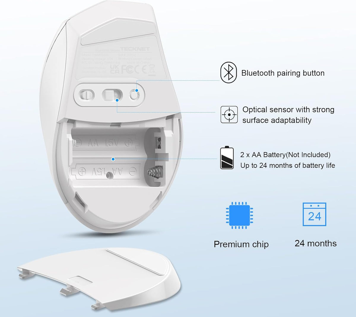 TECKNET Bluetooth Mouse, 4800 DPI Wireless Mouse, 2-Year Battery 6 Adjustable DPI, 6 Buttons Compatible with Laptop/Windows/Computer - White