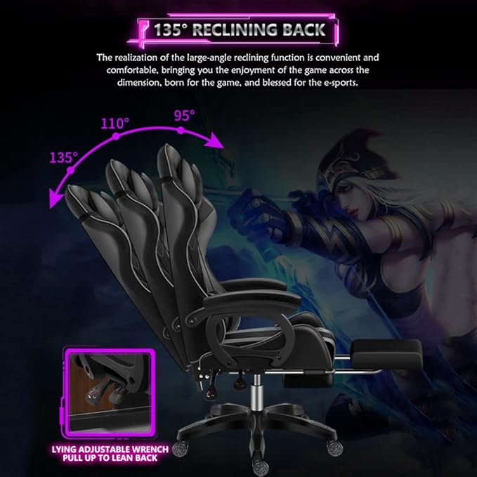 Full Massage Gaming Chairs with Footrest LED Gamer Chair with Speakers and Lumbar Support PU Leather Racing Swivel Rocker Office Chairs for Adults and TeensWhite