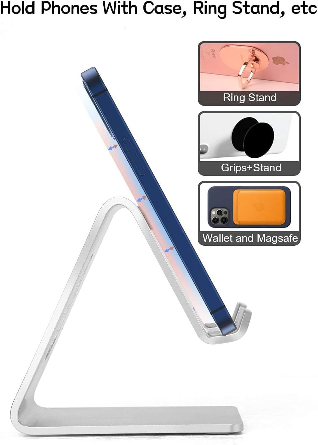 Cell Phone Stand for Desk, Desktop Phone Holder, Aluminum Mobile Phone Stand for iPhone 15 14 13 12 pro Mini 11 X Xr Xs max 8 7 6 6s Plus Samsung Galaxy S21 Ultra All Smart Phones,Silver