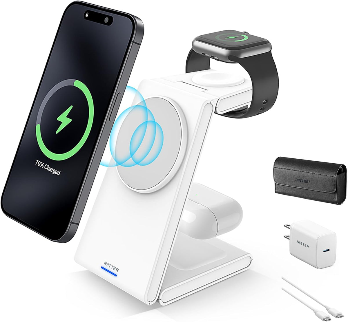 3 in 1 Wireless Charging Station, Magnetic Foldable Wireless Charger, Fast Travel Charger Stand for iPhone 16/15/14/13/12/Apple Watch/Airpods(20W PD Adapter Included)