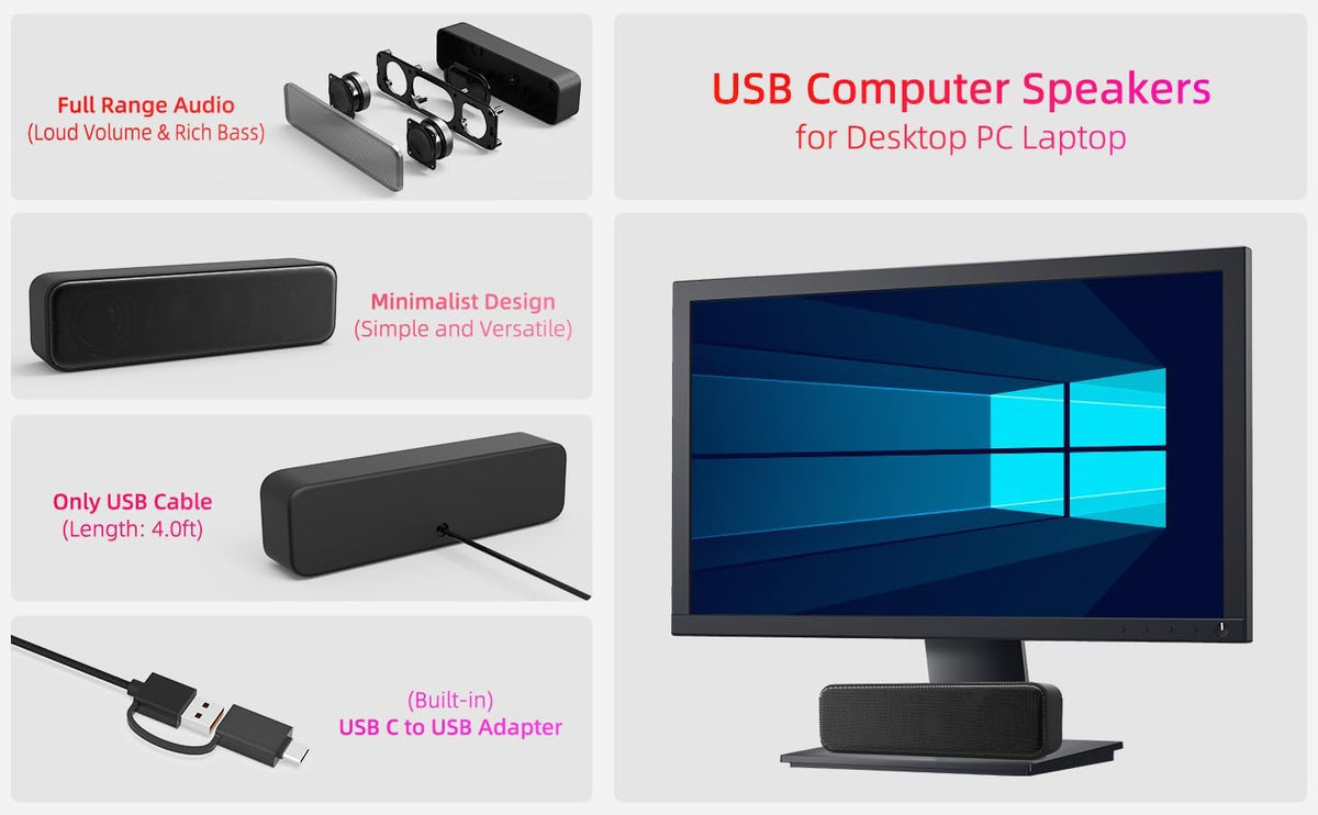 Computer Speakers for Desktop PC, External Speakers for Laptop, Mini Computer Soundbar for PC, Wired USB Plug in Speakers with Loud Sound, Deep Bass, Wide Compatibility – Bult-in USB C to USB Adapter