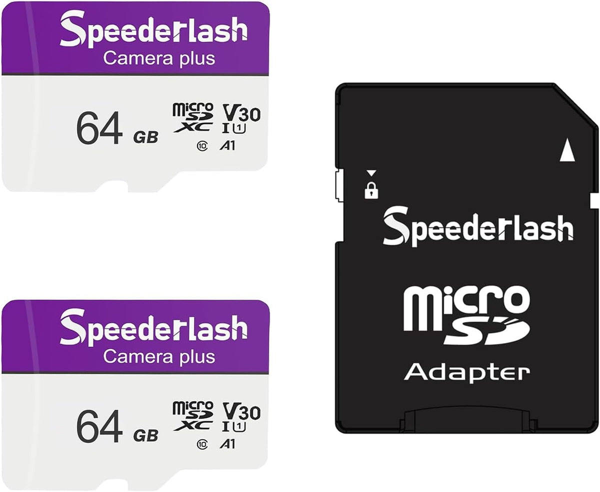 Micro SDXC Memory Card 64GB 2 Pack, Speederlash Camera Plus TF Card with Adapter, Up to 90MB/s Read Speed, 4K UHD&5K Video Support, U1 V30 A1 Rated, Waterproof, for Security Camera, Dashcam, Drones