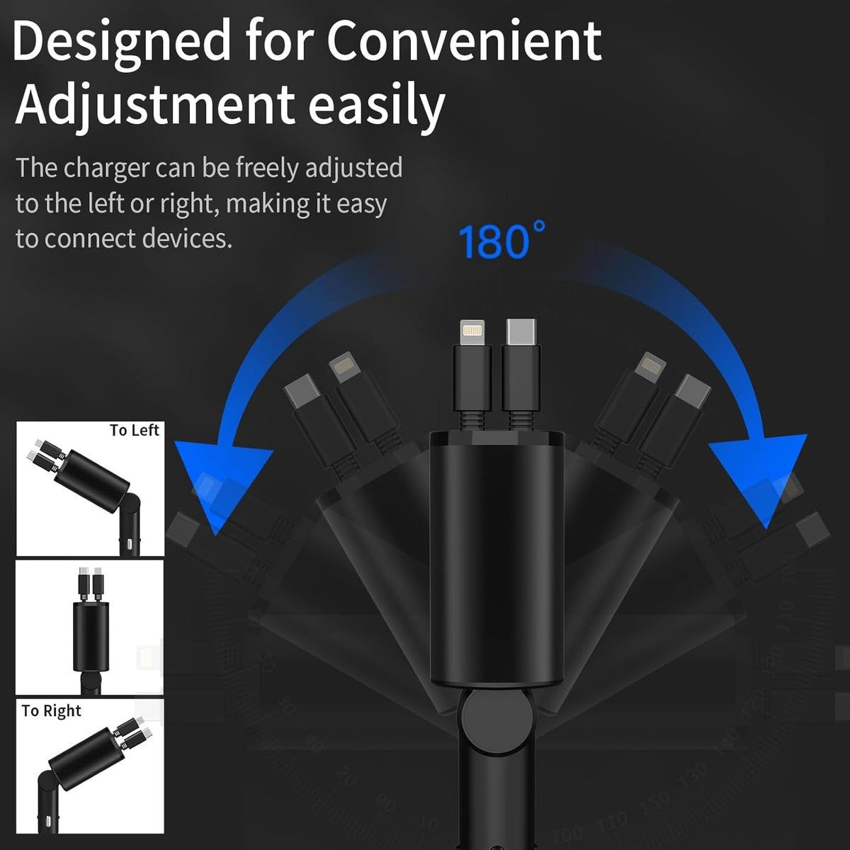 Retractable Car Charger Compatible with Galaxy Pixel, 4 in 1 Fast Charging Car Charger 60W, Double Type C Retractable Cable and 2 USB Ports