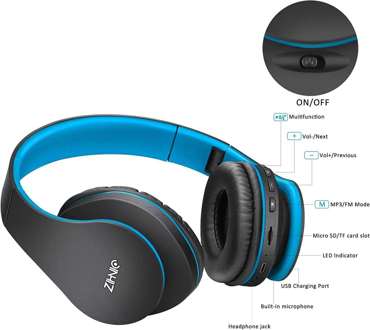 ZIHNIC Bluetooth Headphones Over-Ear, Foldable Wireless and Wired Stereo Headset Micro SD/TF, FM for Cell Phone,PC,Soft Earmuffs &Light Weight for Prolonged Wearing (Black/Blue)