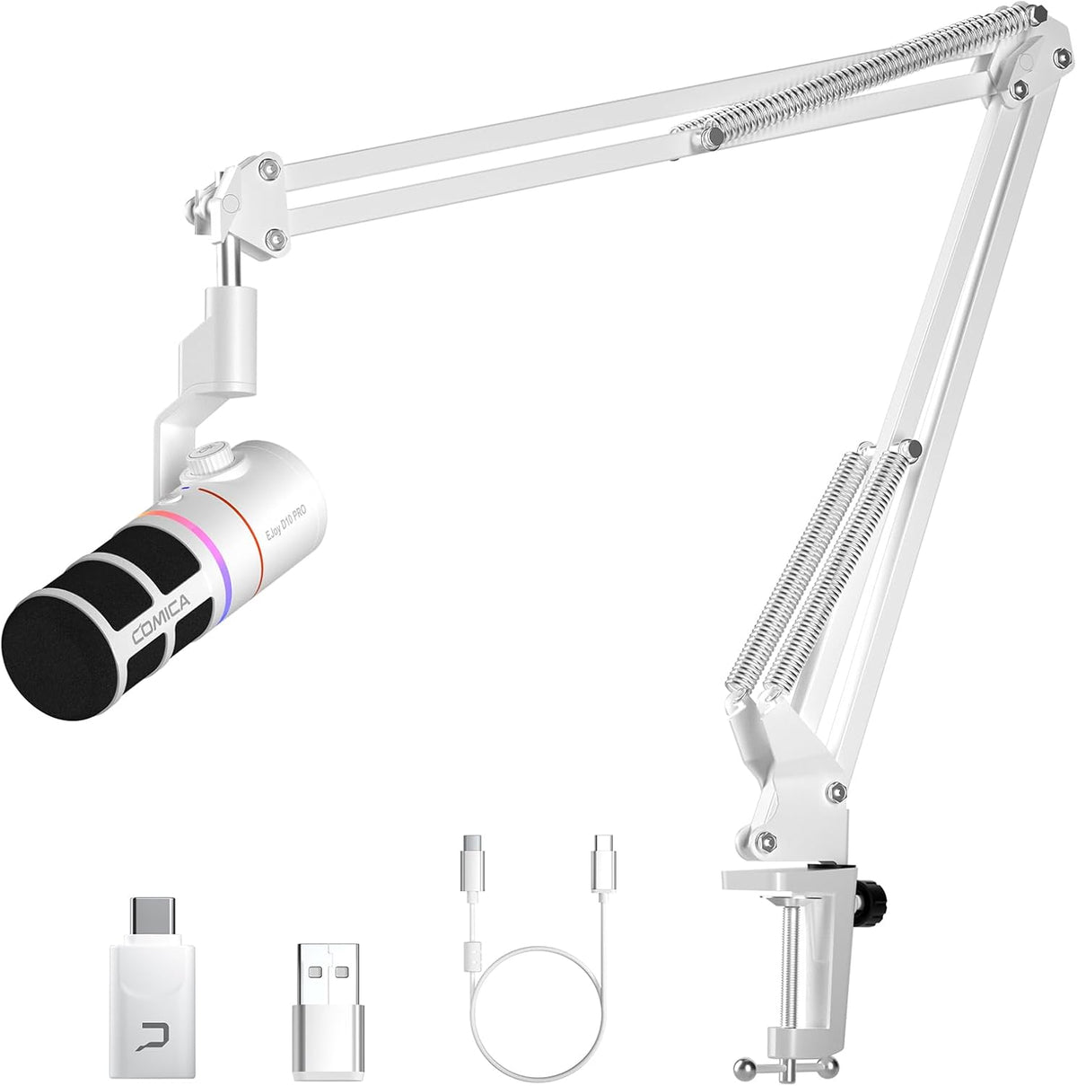 EJoy D10 PRO(A) USB Wireless Gaming Microphone – Boom Arm Mic with Wired/Wireless Modes, XLR/USB-C, Real-Time Monitoring, 45H Battery, RGB Dynamic Mic for Gaming, Streaming, Podcast, Recording (White)