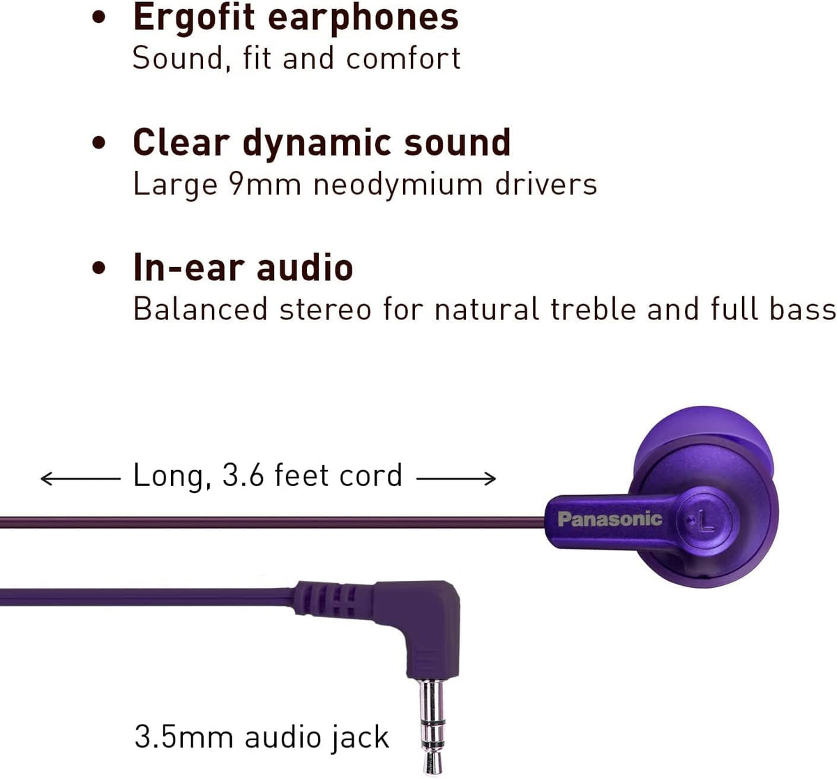 Panasonic ErgoFit Wired Earbuds, 3.5mm Jack in-Ear Headphones with Dynamic Crystal-Clear Sound and Soft Ergonomic Custom-Fit Earpieces (S/M/L), for Phones and Laptops - RP-HJE120-VA (Metallic Purple)