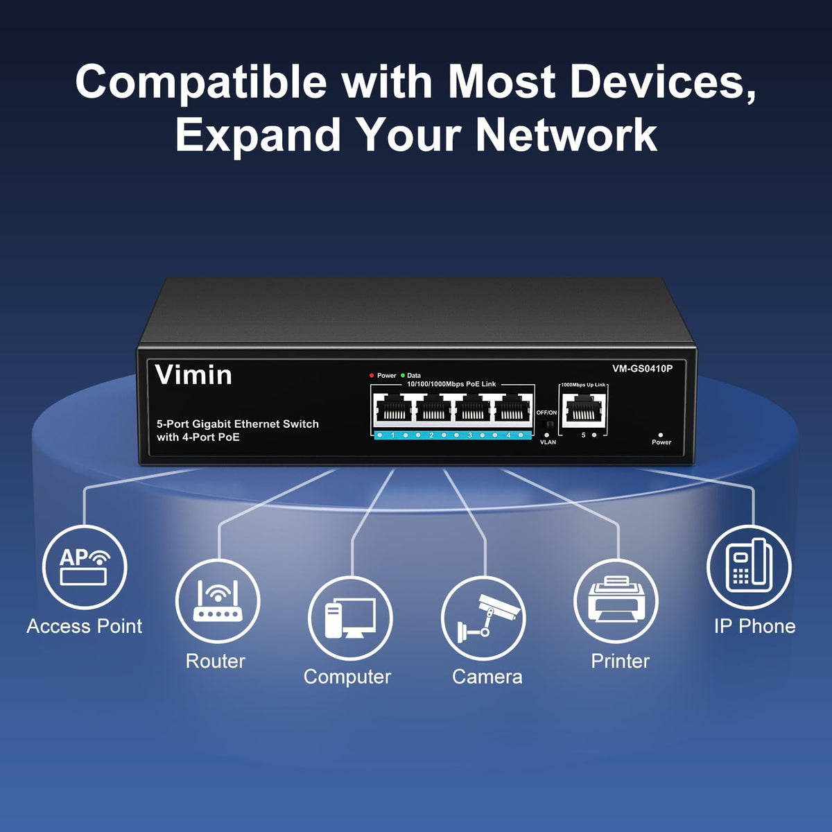 4 Port Gigabit PoE Switch with 1 Uplink Gigabit Ports, VIMIN 5 Port Unmanaged Ethernet PoE Switch with 72W Power, Support IEEE802.3af/at, VLAN, Metal Housing, Desktop or Wall-Mount, Plug & Play