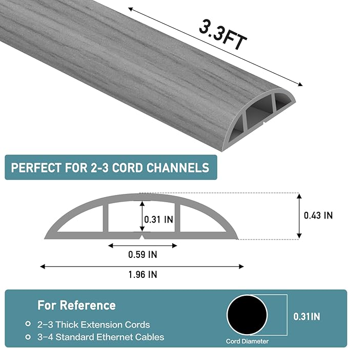 Floor Cord Cover Self Adhesive Cord Hider Floor Extension Cord Covers for Floor Power Cord Protector Cable Management Prevent Cable Trips Cable Cavity 0.59" W x 0.31" H (Light Grey Wood, 3.3Ft)