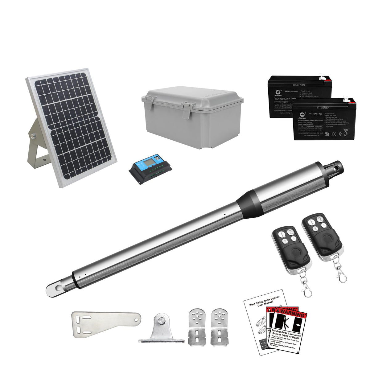 JUJIANG C01 Solar Gate Opener with Batteries & Solar Panel for Single Swing Gates Up to 440lb 12FT Automatic Gate Openers with Remote Complete Kit