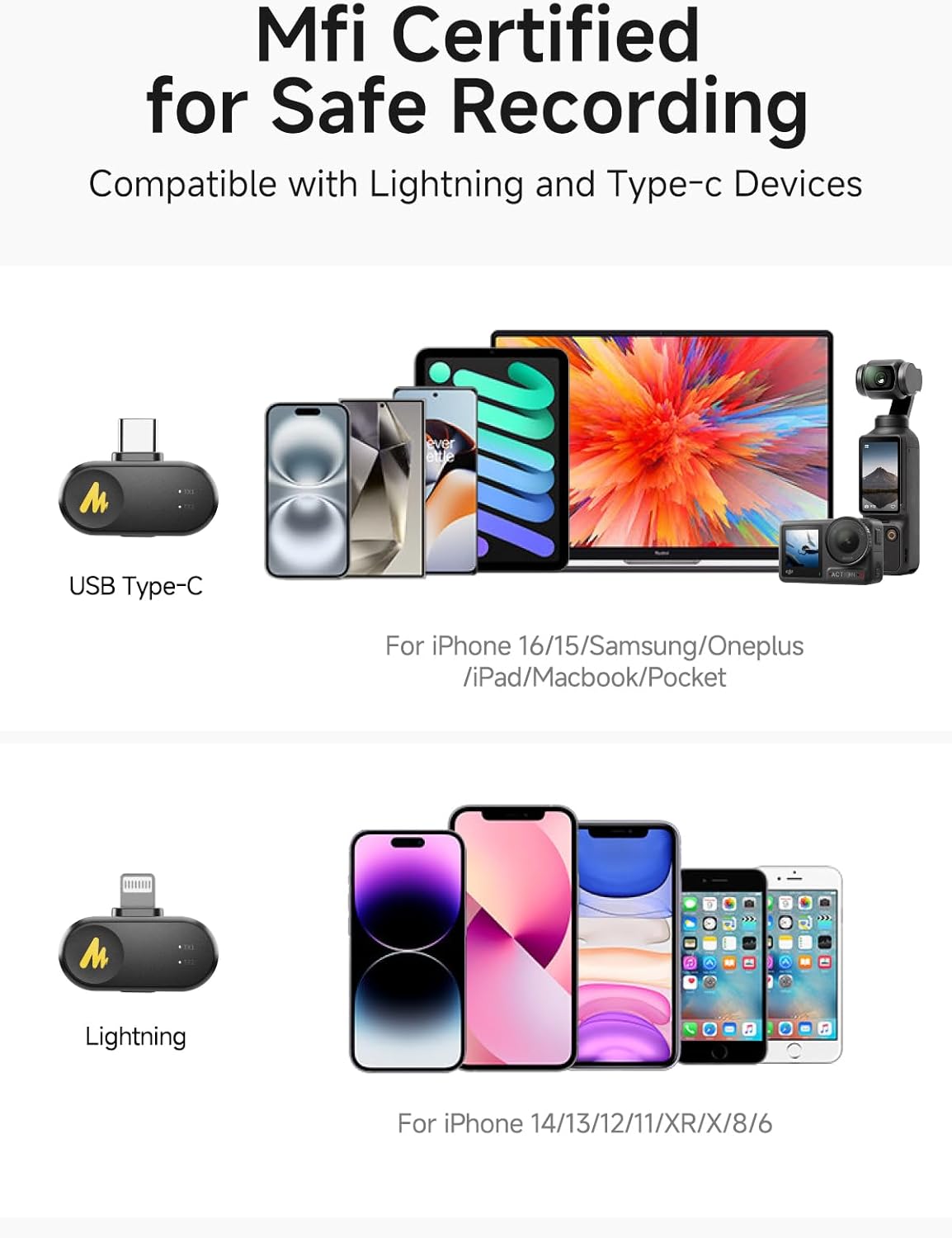 MAONO WAVE T1 Mini Wireless Lavalier Microphone for iPhone Android Tablet PC with Noise Cancellation, AI Voice Filter, 30H Used with Charging Case, USB-C/Lightning Plug for Video Recording Vlog TikTok