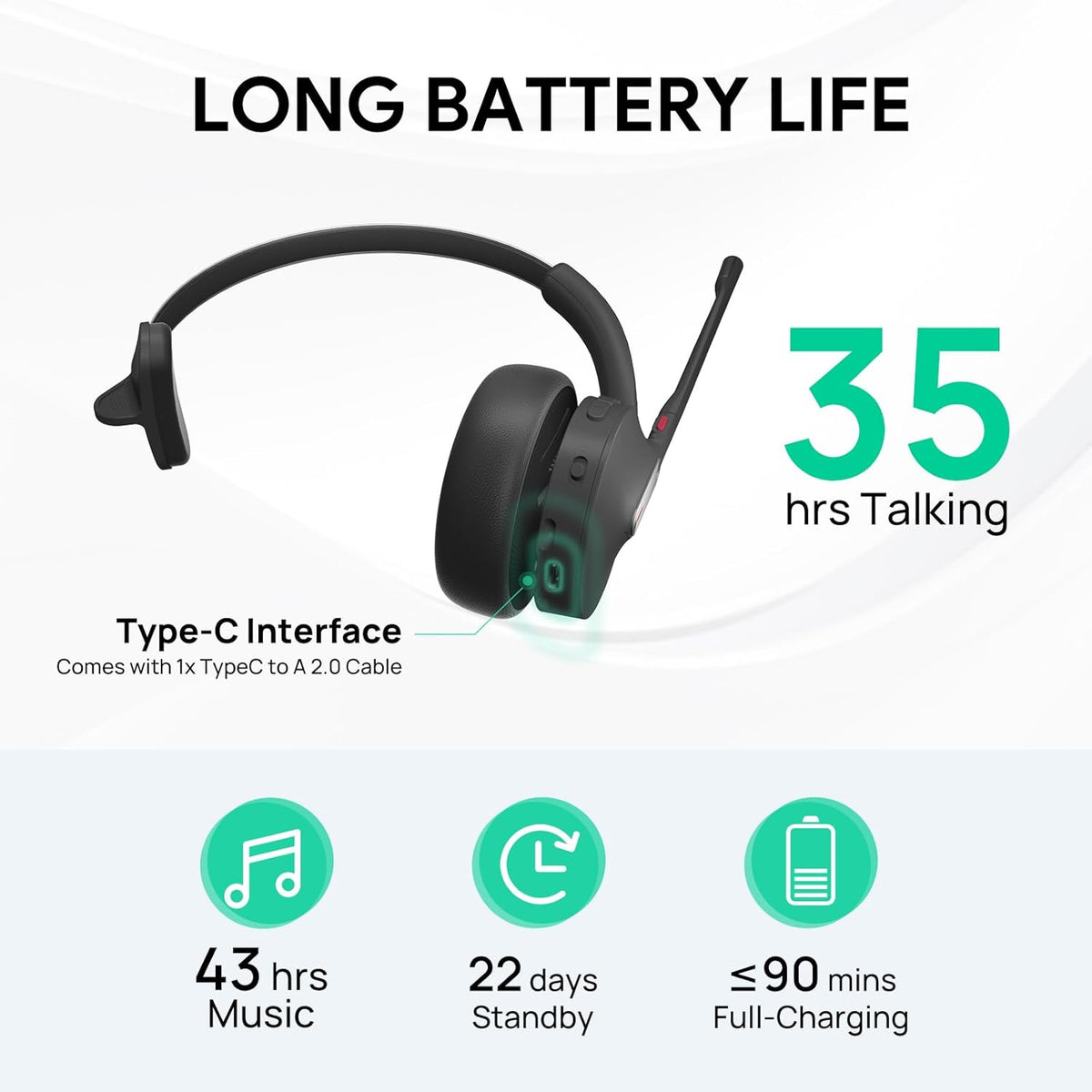 Yealink BH70 Mono Wireless Headset with Mic for Work, Bluetooth Headphone Teams Certified, up to 35h Talk Time, 91g Lightweight Comfort, USB-C to A