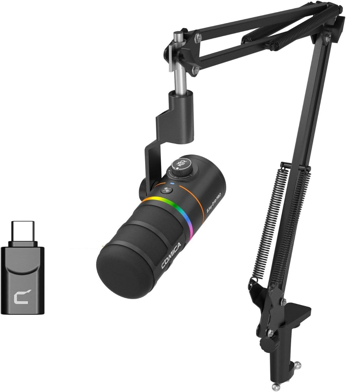 COMICA D10 Pro A Wireless/XLR/USB Dynamic Microphone with Receiver Boom Arm Stand- Dual Channel Cardioid Mic, 45H Battery, RGB Lights, CalMix Denoise for Gaming/Streaming/PD(PC, PS4/5, Mac,Phone)Black