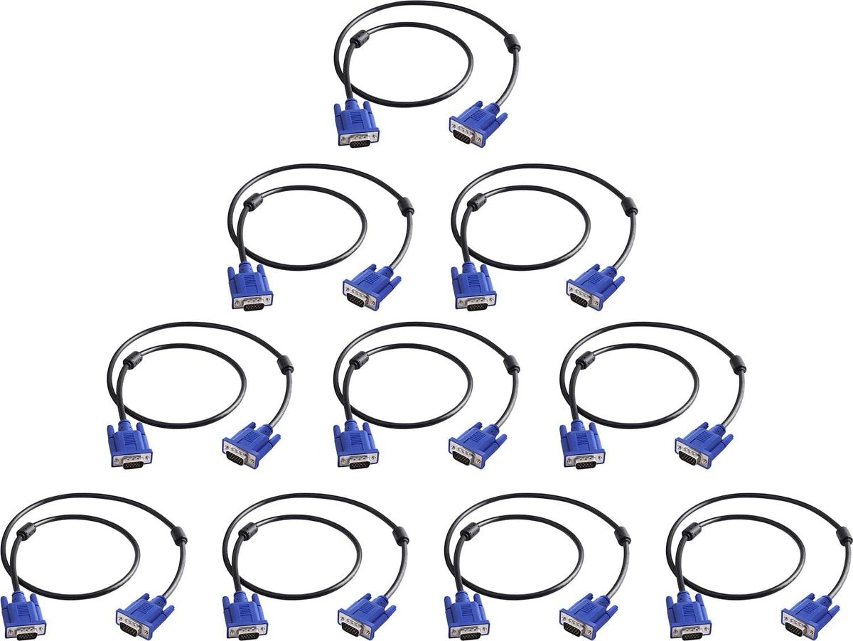 VGA to VGA Monitor Cable 10 Pack, 15 Pin Male to Male Computer Cord Support 1080P Full HD for Laptop TV Projector - 3 Feet
