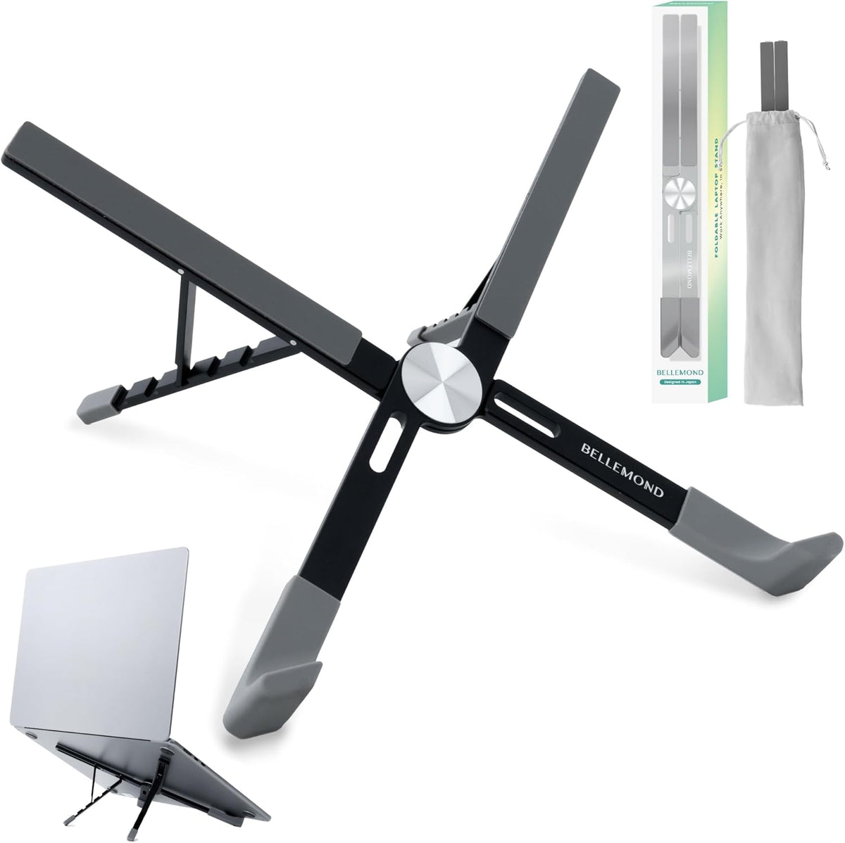 BELLEMOND | X-Shape Laptop Stand – Adjustable Aluminum Riser, 5 Height Levels, Lightweight & Foldable, Ventilated, for Laptops and Tablets up to 17.3" | Midnight Black