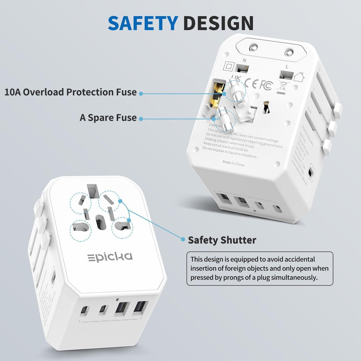 EPICKA Universal Travel Adapter, International Power Adapter with 2 USB-A & 3 USB-C Ports Wall Charger - Worldwide Travel Essentials, European Travel Plug Adapter for UK/US/AU (TA-105C, White)