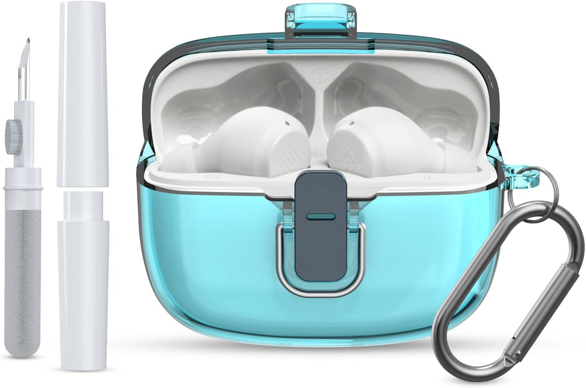 [Upgrade Secure Lock] Case Cover for JBL Vibe 200TWS/JBL Vibe Beam with Cleaner Kit, PC Hard Shell, Clear Blue
