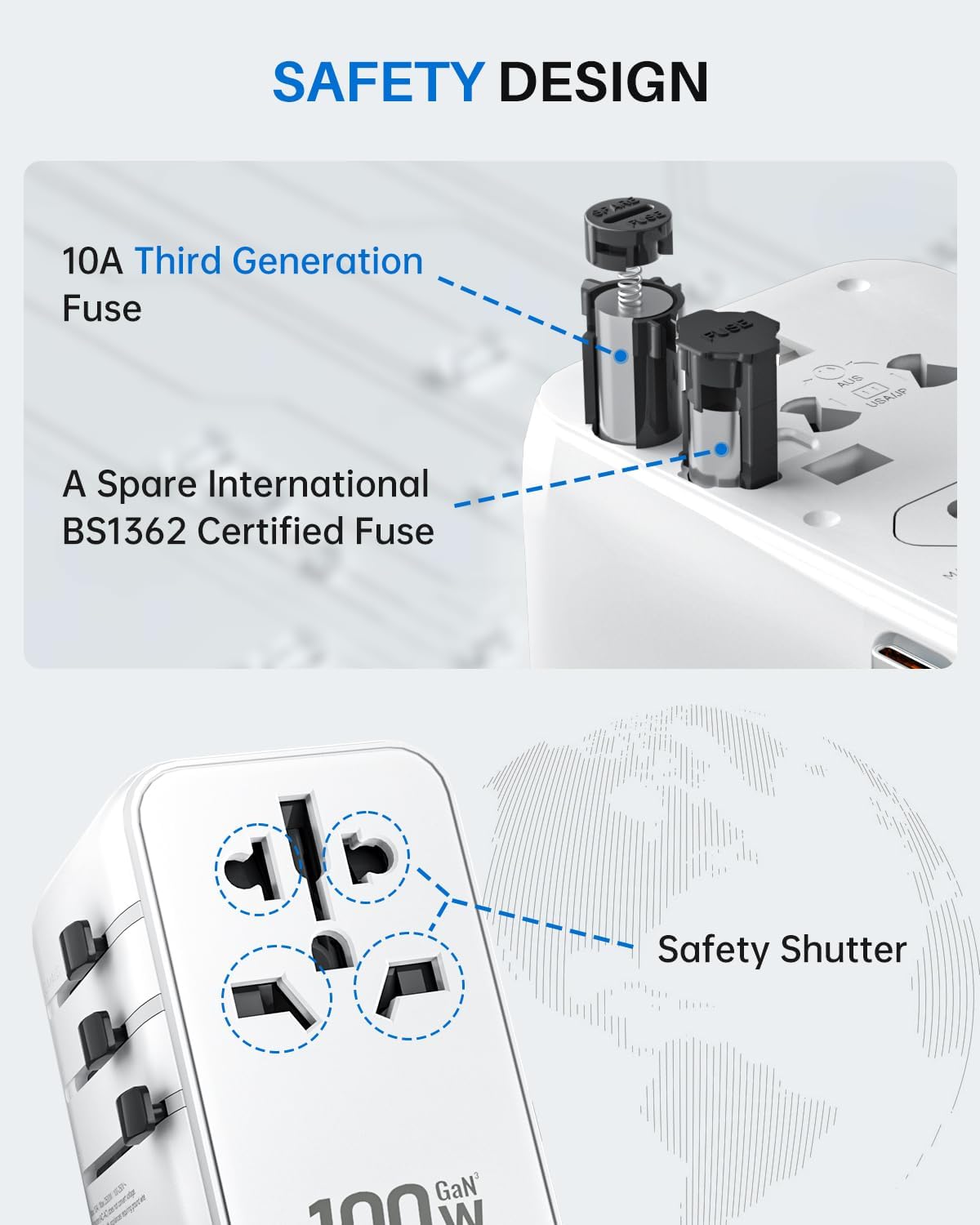 DOACE Universal Travel Adapter, 100W GaN 3.0 International Power Adapter with Built-in USB-C Cable, 6 in 1 Travel Adapter with 5 USB Ports, Plug Adapter Worldwide for EU/UK/USA/AUS(White)