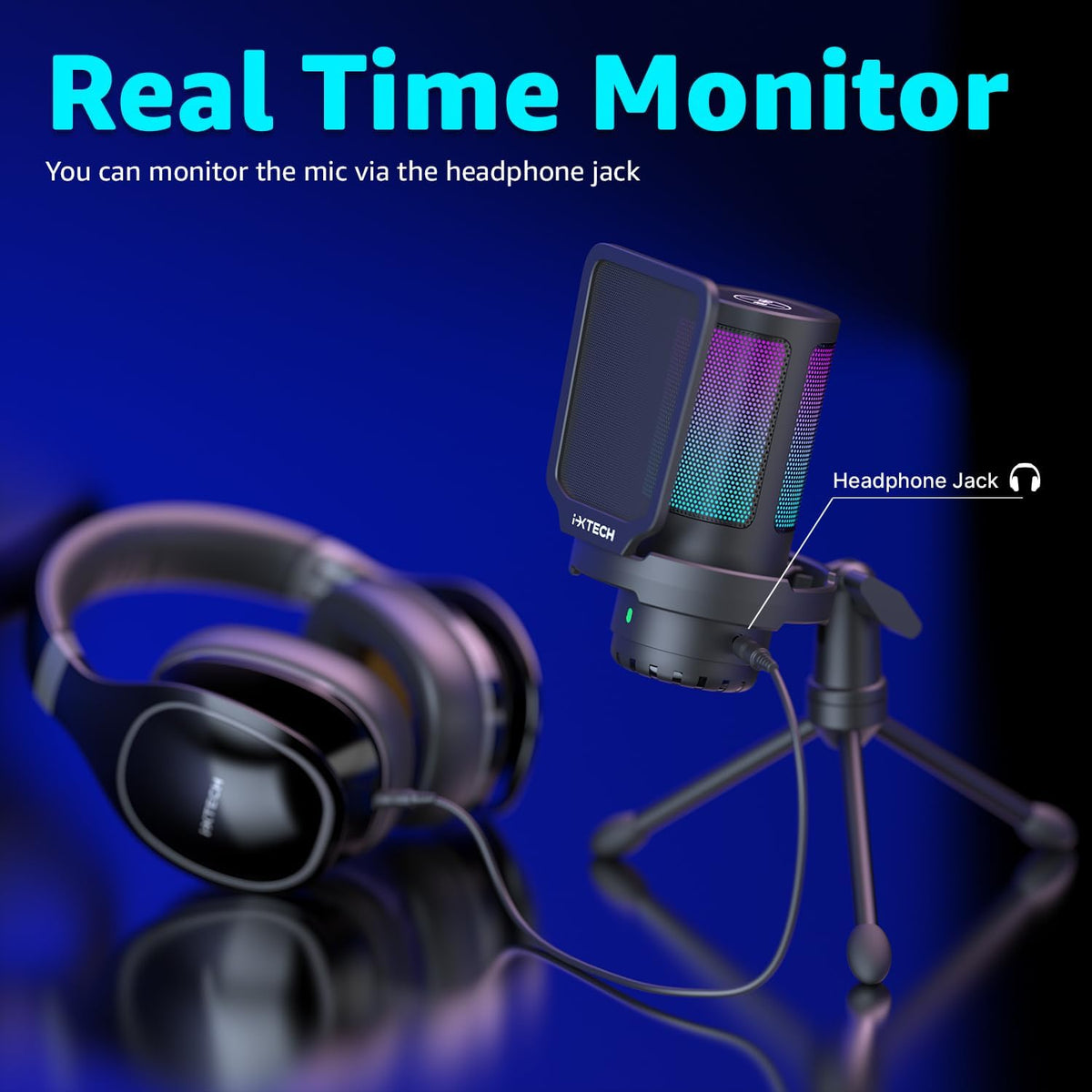 IXTECH USB Gaming Microphone for PC, RGB Condenser Microphone with Tripod Stand, Pop Filter, Rotate Gain Button, and Quick Mute, Noise Cancellation Computer Mic for Streaming, Gaming, Podcasting