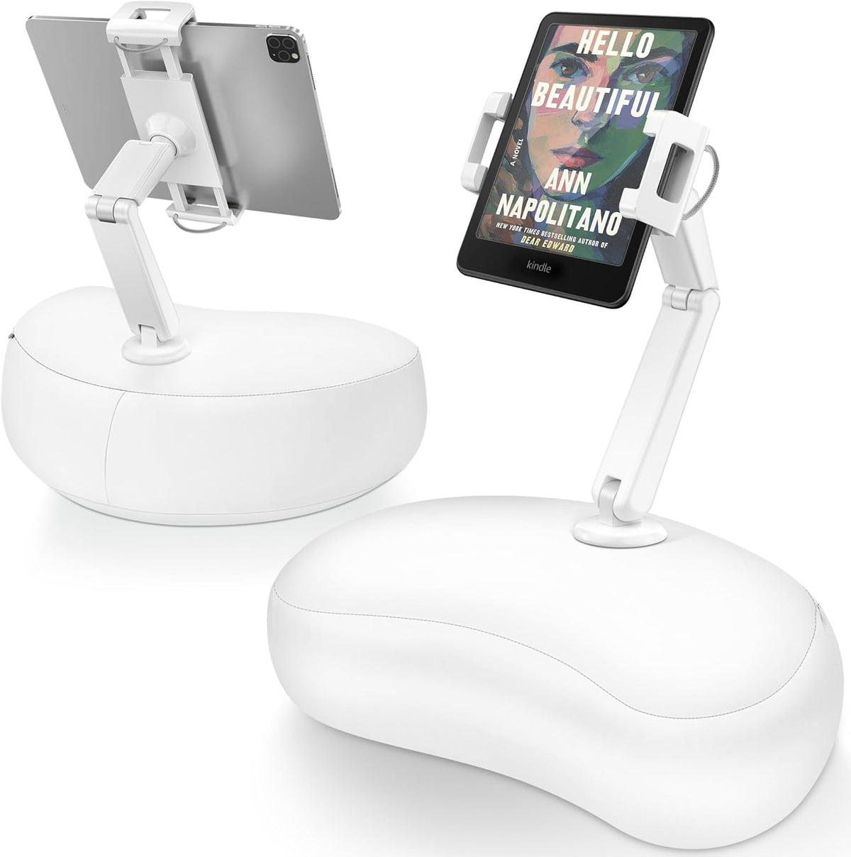 AboveTEK Tablet Pillow Stand for Bed, Hands-Free 360° Adjustable iPad Pillow Holder for Lap Reading w/Soft Bean Bag, Ideal Gift for Mom, Fits 4.7" to 12.9" Tablet, Phone, Kindle, White