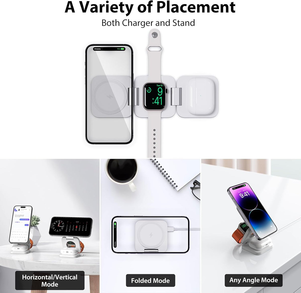 Fast Wireless Charger, Magnetic Foldable 3 in 1 Charging Station for iPhone 16/15/14/13/12/Pro/Plus/Pro Max, 5W Portable Charger for Apple Watch9/8/7/6/5/4/3/SE, for Airpods3/2/Pro-White