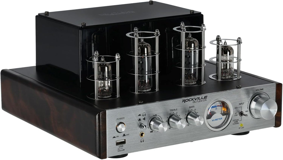 Rockville BluTube DK Audiophile Tube Amplifier with Bluetooth, 35Wx2 RMS @ 4 Ohm, HDMI/Optical/Coaxial Inputs, Sub Output, USB, RCA, VU Meter, Headphone Out
