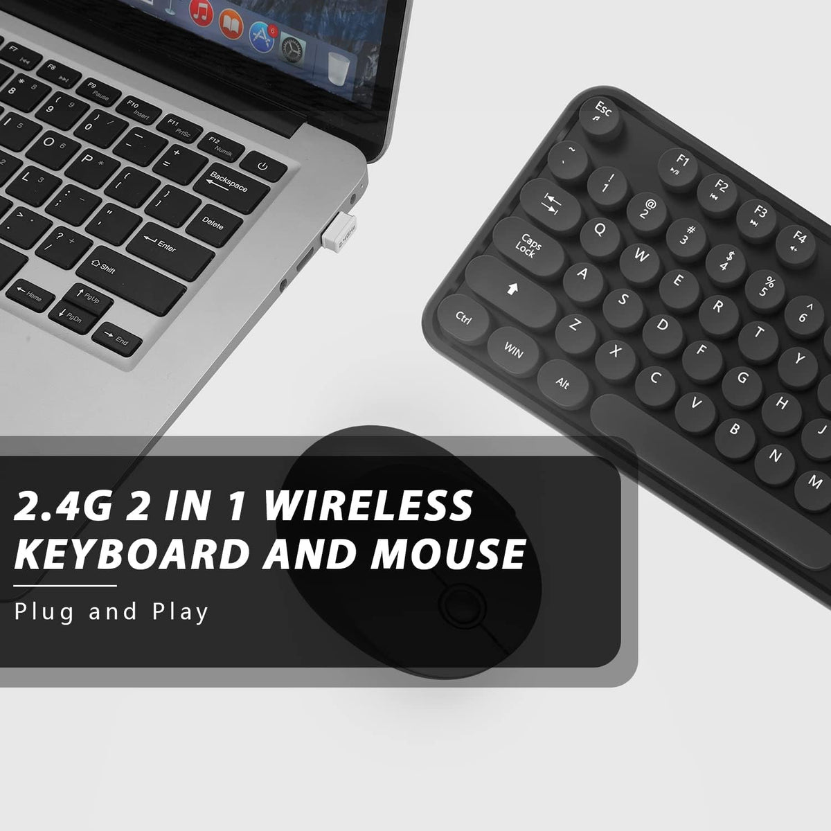 Wireless Keyboard and Mouse, KOOTOP Cute Black Keyboard and Mouse, 2.4G Wireless Keyboard with Retro Round Keycap for PC, Mac, Laptop,Tablet,Computer Windows (Black)
