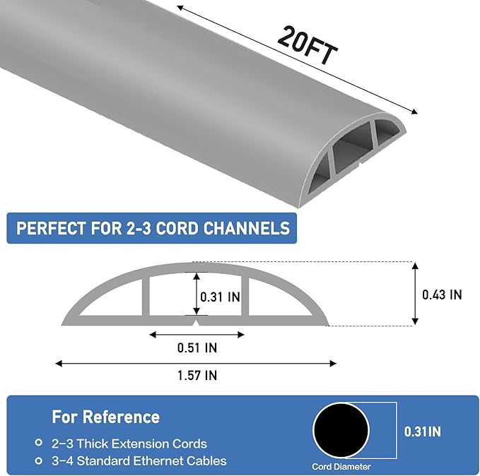 Floor Cord Cover Self Adhesive Cord Hider Floor Extension Cord Covers for Floor Power Cord Protector Cable Management Prevent Cable Trips Cable Cavity 0.51" W x 0.31" H (Grey, 20Ft)