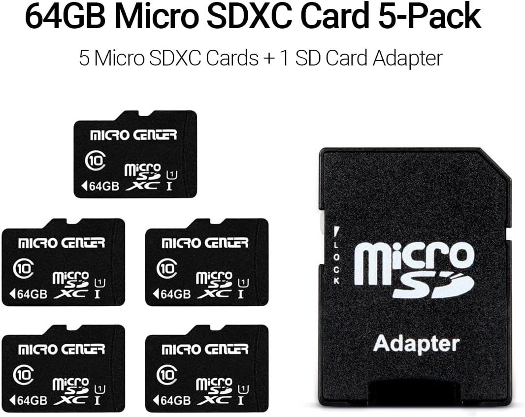 Micro Center 64GB Class 10 MicroSDXC Flash Memory Card with Adapter for Mobile Device Storage Phone, Tablet, Drone & Full HD Video Recording - 80MB/s UHS-I, C10, U1 (5 Pack)