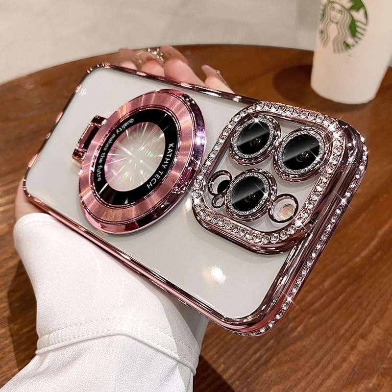 Magnetic Kickstand (Glitter Lens Protector ) Case for IPhone 15 14 13 12 Pro Max (Compatible with Magsafe ) Sparkling Diamond Cover Glitter Shiny Rhinestone Cases (Pink,for iPhone 14 Pro)