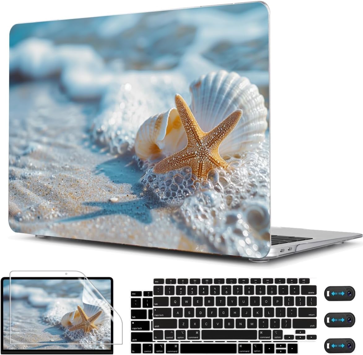 CISSOOK Compatible with MacBook Air 13-inch Case 2021 2020-2018 Release M1 A2337 A2179 A1932 Model with Touch ID, Plastic Hard Shell Protective Case with Keyboard Cover Screen Protector, Beach&Shell