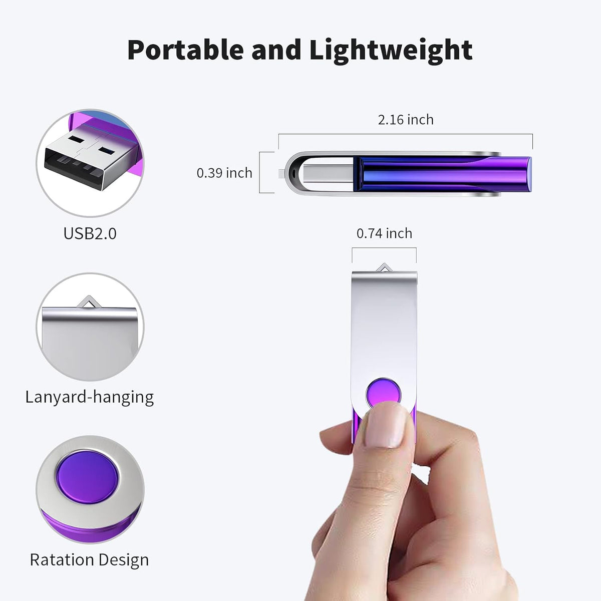 ABLAZE 2GB Flash Drive 2 Pack, USB 2.0 Thumb Drives with Lanyards Swivel USB Memory Stick 2GB（Green and Purple