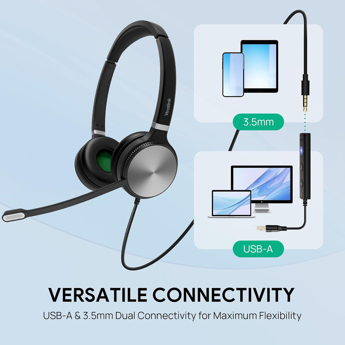 Yealink UH36 Professional USB Headset Wired Headphones for Work Calls and Music, Headset with Noise Cancelling Mic for Computer PC Laptop（UC Compatible, Stereo,3.5mm Jack/USB Connection）