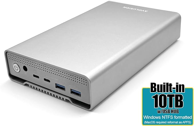 Avolusion PRO-G1 Series 10TB USB 3.2 Gen 2 (10Gbps) USB-C External Hard Drive w/USB HUB for Windows or MacOS Desktop PC/Laptop (Silver) (Renewed)
