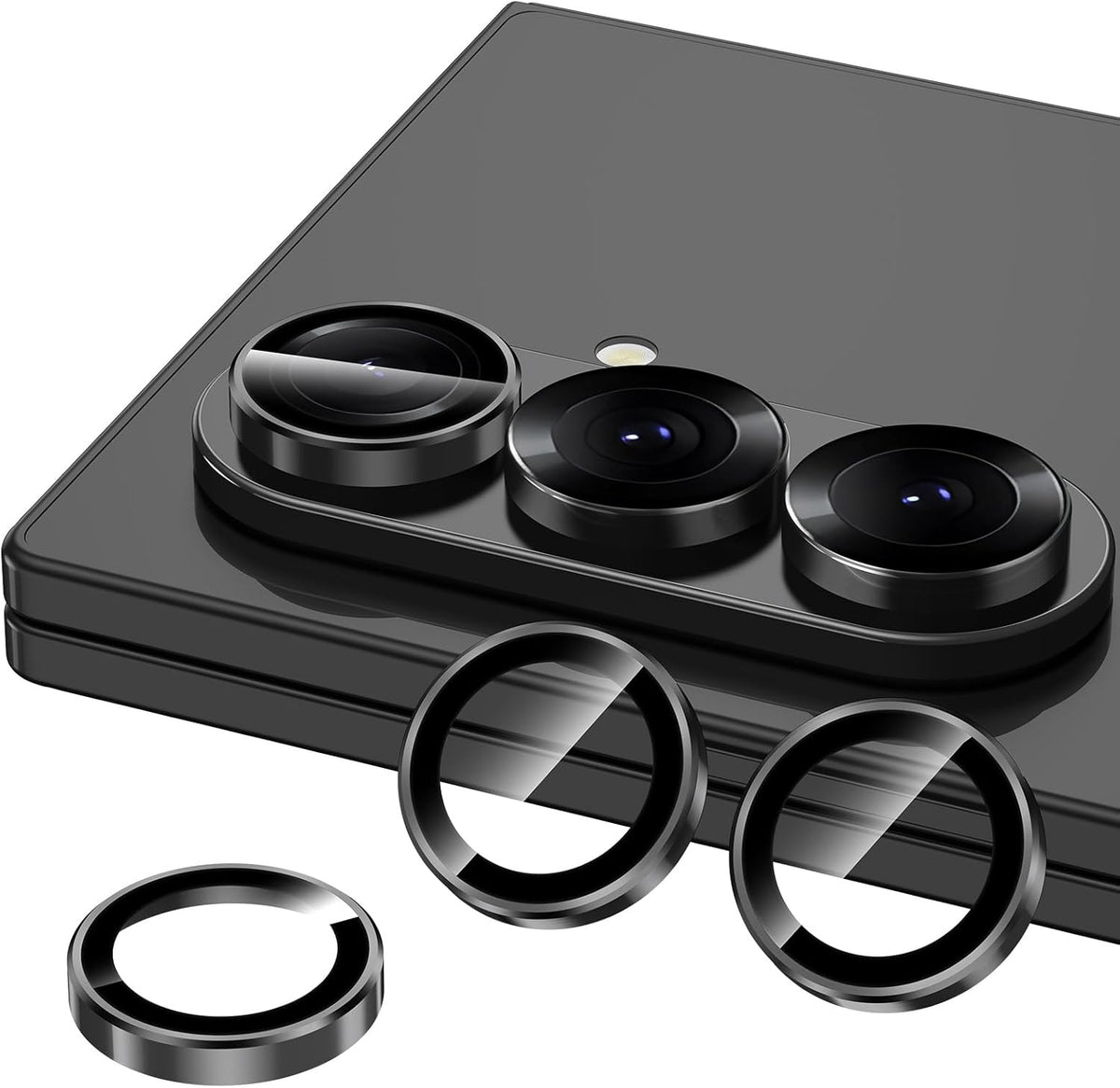 for Samsung Galaxy Z Fold 7 Camera Lens Protector, Individual Metal Ring Tempered Glass Lens Cover, [Strong Adsorption] Scratch Resistant Ultra-Thin HD Clear Lens Cover, 1 Set-Black Ring