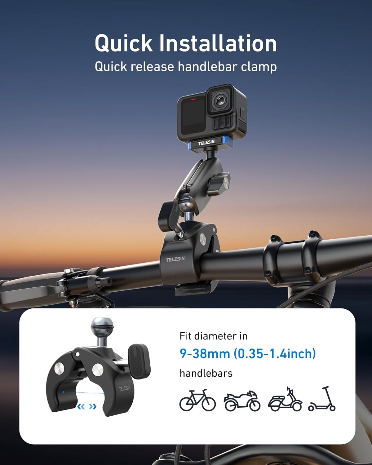 TELESIN Super Clamp Mount | Bike Handlebar Mount for Hero 13 | Power Suction Magnetic Design | 360° Rotation Ball Head | Fits 9-38mm Handlebar for Bike/Bicycle/Motorcycle