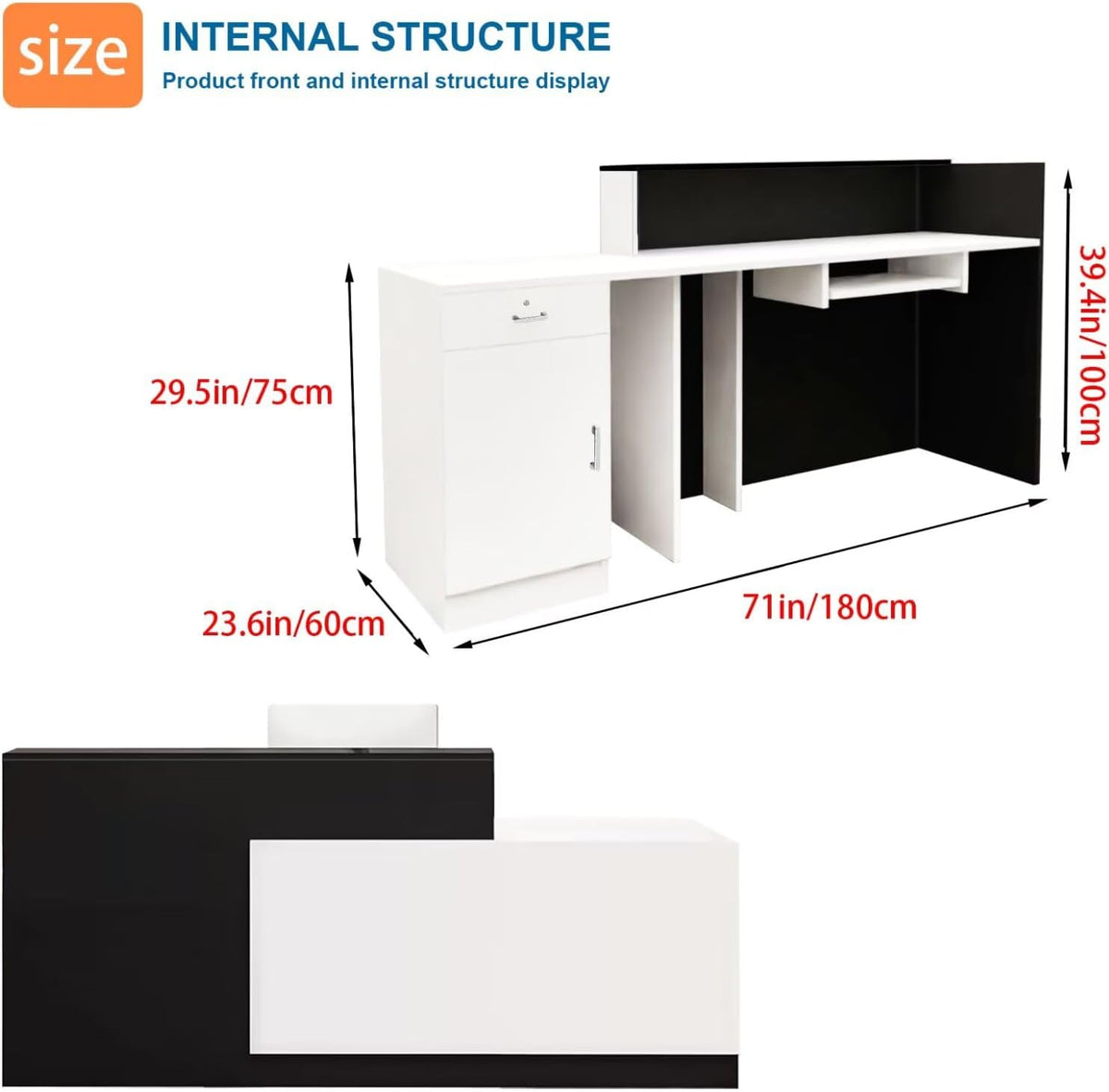 Reception Desk with Counter Modern Checkout Counter with Lockable Drawer Keyboard Tray Receptionist Desk for Office Salon Reception Table M Right 71inch/180cm