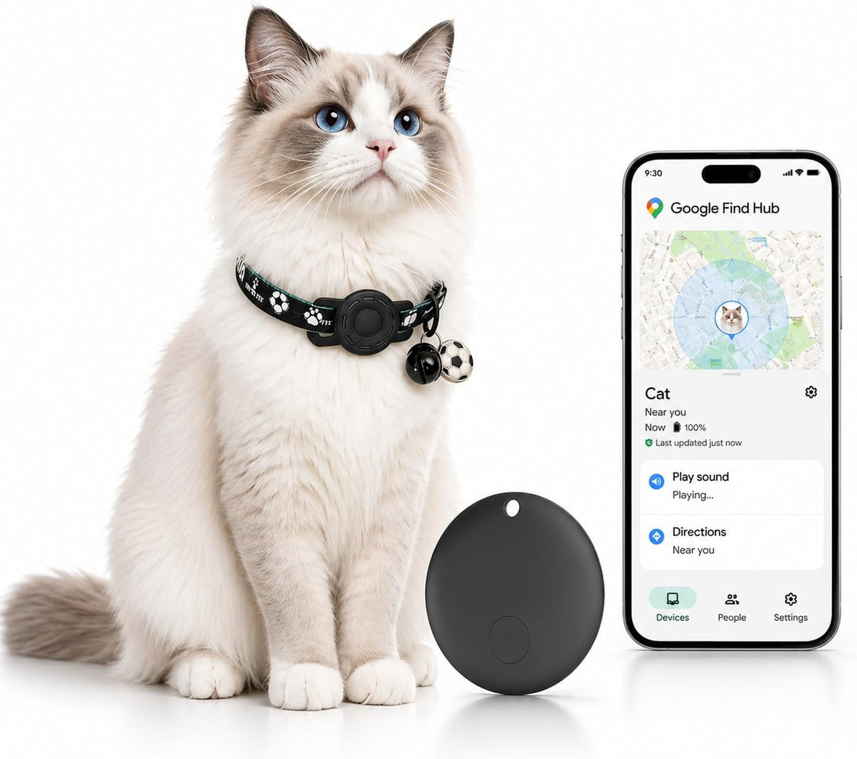 GPS Collar for Cats (Android Only) Pet Tracker, Soccer Style Smart Tag Compatible with Google Find My, Waterproof No