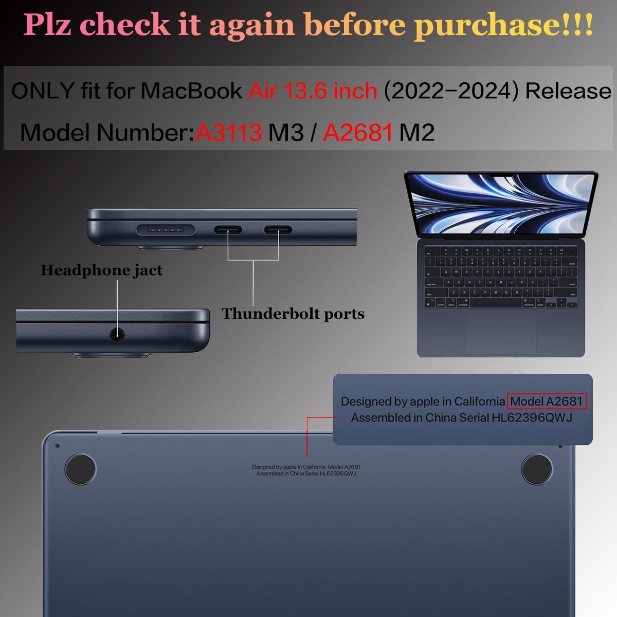 CISSOOK Compatible with MacBook Air 13.6 inch Case 2022 2024 2025 Release A2681 A3113 A3240 with Touch ID, Crystal Grey Hard Shell Case & Keyboard Cover for Mac Air 13.6 M2 M3 M4, Gray