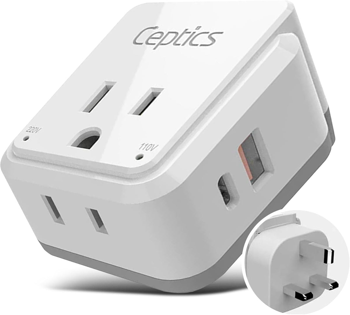 Ceptics UK, Ireland Power Adapter Travel, Safe Dual USB & USB-C 3.1A - 2 USA Socket - Compact & Powerful - Use in Hong Kong, England, Dubai, Saudi Arabia - Includes Type G Swadapt Attachments