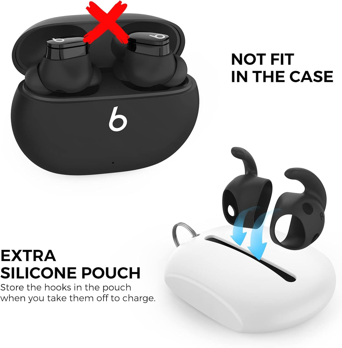 AhaStyle 3 Pairs Beats Studio Buds Ear Hooks Anti-Slip Ear Covers Silicone Accessories【Not Fit in The Charging Case】 Compatiable with New Beats Studio Buds 2021 (Black)