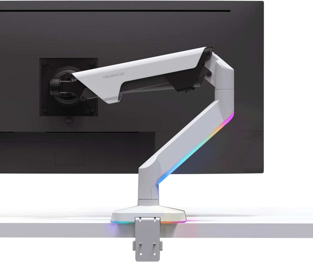 Heavy Duty Ultrawide Monitor Arm with RGB Lighting & USB Charging, Fits 34 to 49 inch Curved Screens, Supports 14 to 38 lbs, Adjustable Desk Mount, Compatible with Gaming Setup, White
