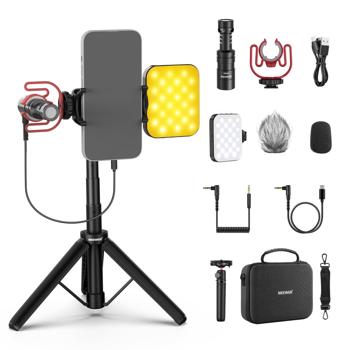 NEEWER Basics PA050 Vlogging Kit for iPhone Android Phone for YouTube TikTok Streaming Video Recording, Selfie Stick Tripod + Microphone + LED Fill Light, Youtuber Starter Content Creator Essentials